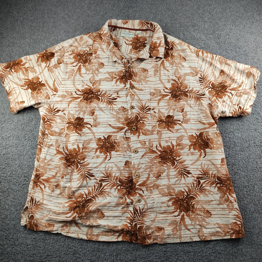 Caribbean Pure Silk Mens 2XB Shirt Brown Floral Tropical Camp Button Up Big Tall